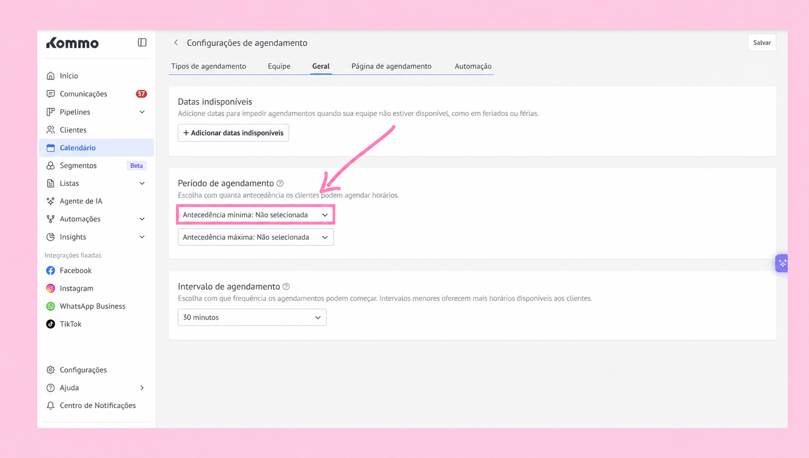 Settings page showing appointment scheduling options and highlighted minimum notice period.